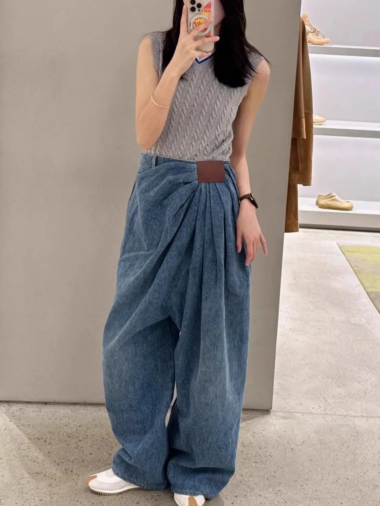 Ruched Waist Wide Leg Denim Trouser