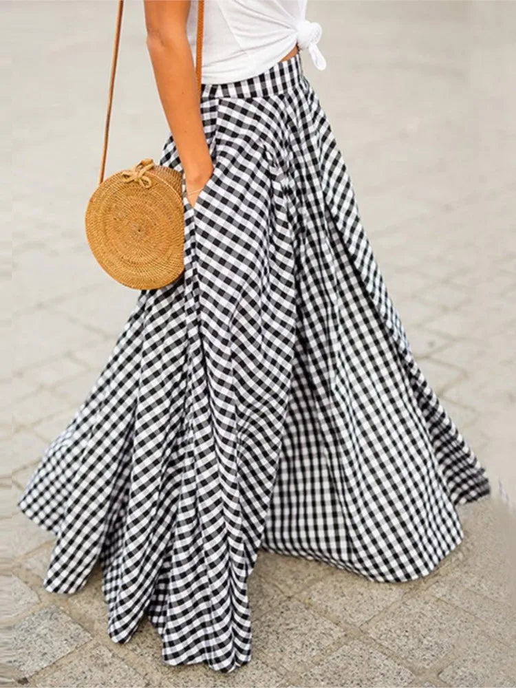 Pleated Bohemian Gingham Print A-Line Maxi Skirt with Pockets