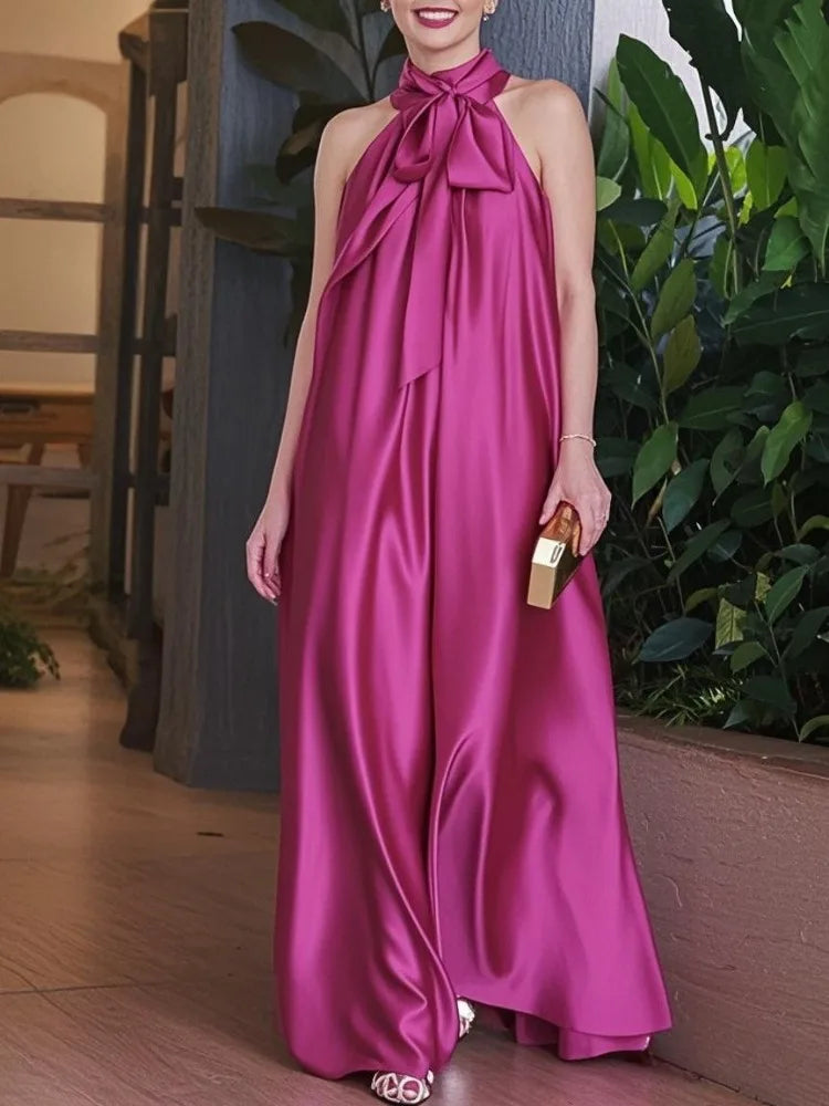 Fuchsia Halter Maxi Dress| Elegant A-Line Pleated Gown