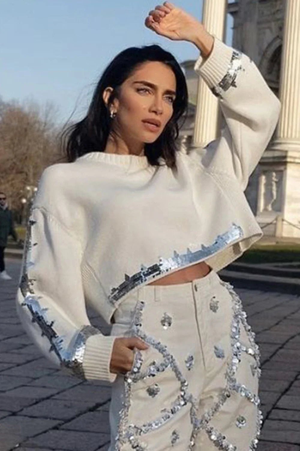 Sequin Denim Pencil Jeans High Waist Slim Fit