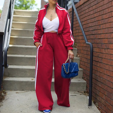 Two-Piece Tracksuit Set - Striped Side Jacket and Wide Leg Sweatpant