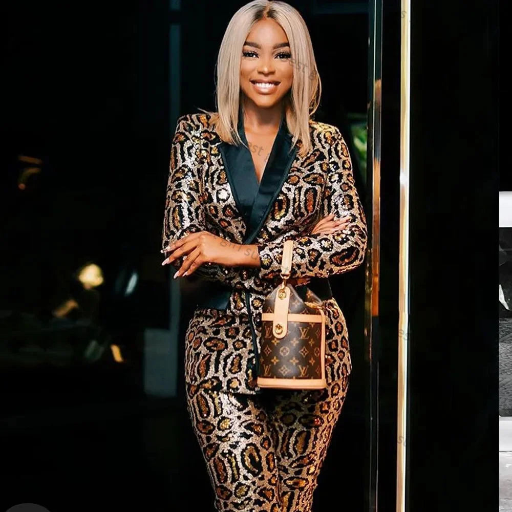 Leopard Printed 2 Piece Women Suit Pants