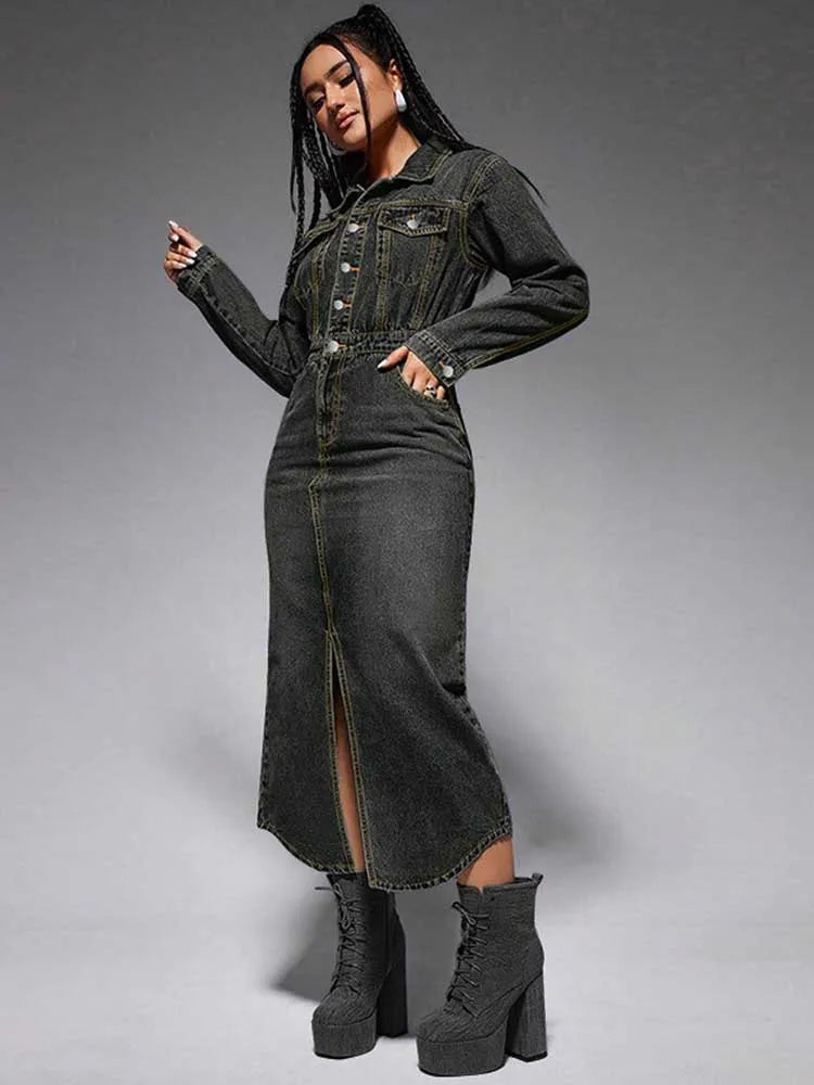 Turn-Down Collar Denim Maxi Dress