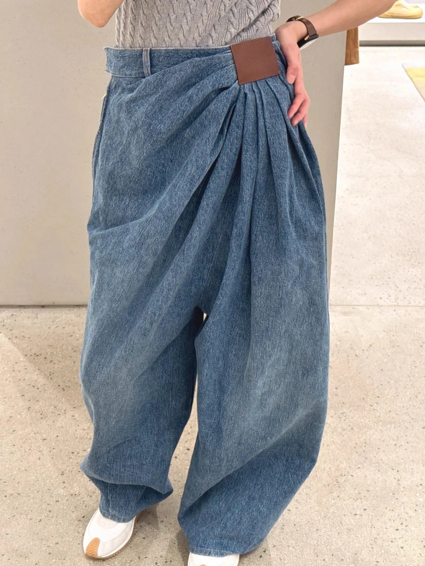 Ruched Waist Wide Leg Denim Trouser