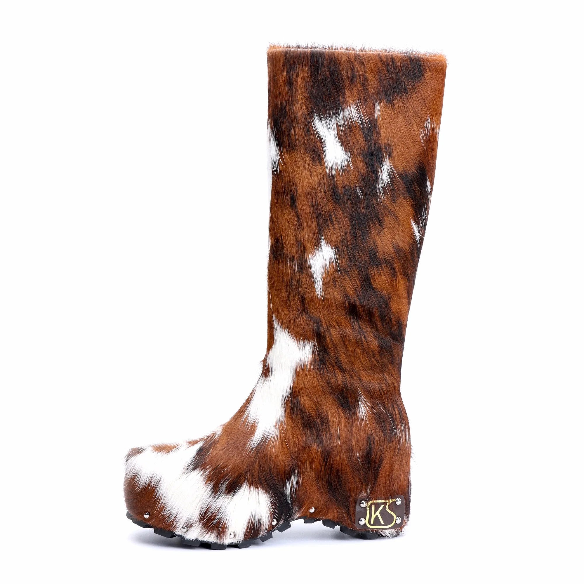 Handmade Studded Knee-High Platform Boots with Real Calf Hair