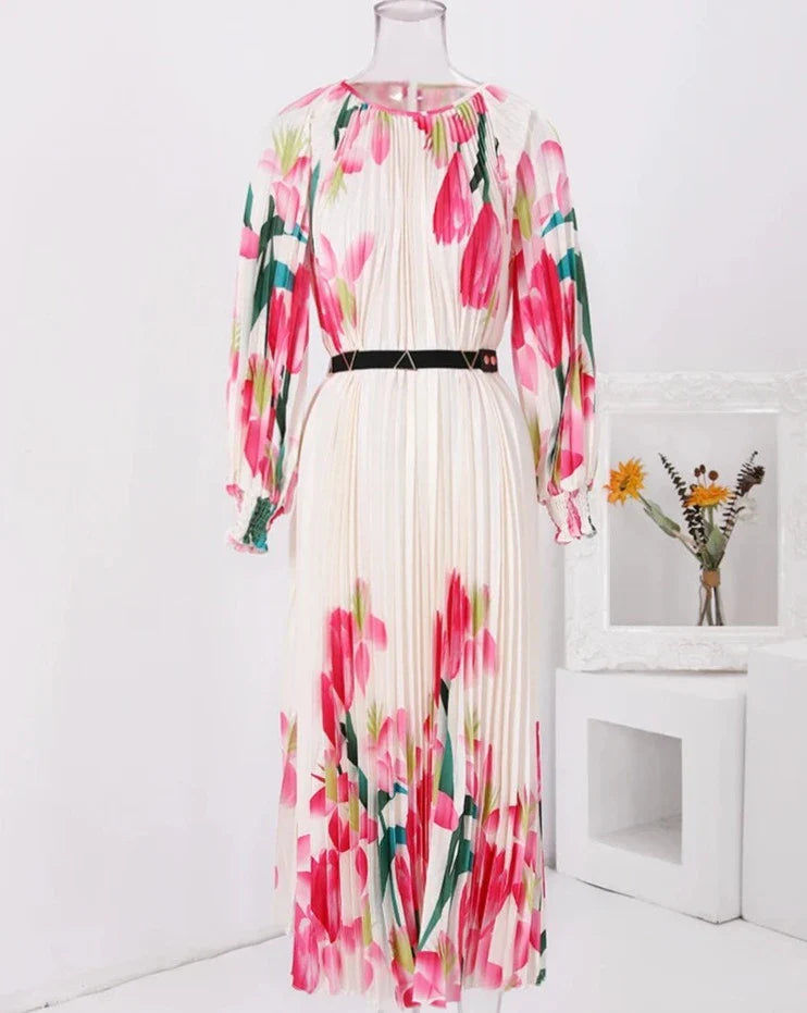 Floral Print Pleated Belted Dress