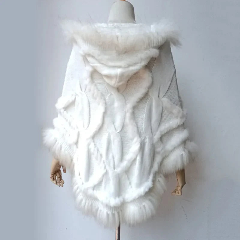 Warm Knitted Poncho With Real Raccoon Fur Stripe
