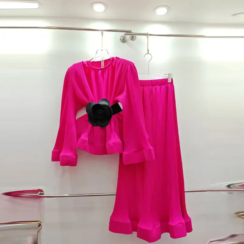 Pleated Puff Sleeve Ruffle Top & High Waist Mermaid Skirt Set