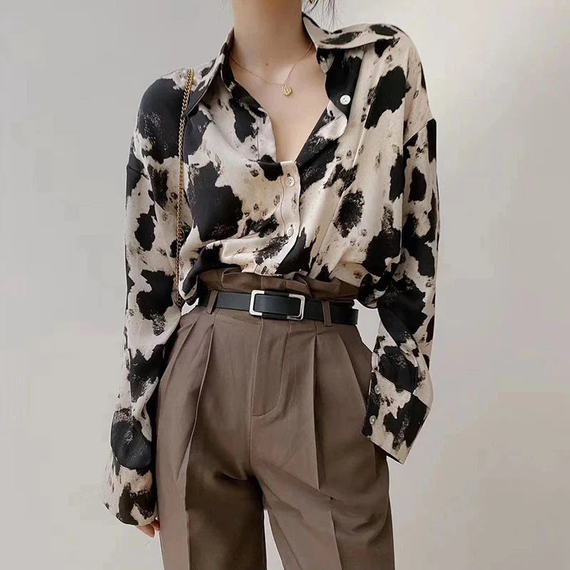 Cow Print Button Up Blouse