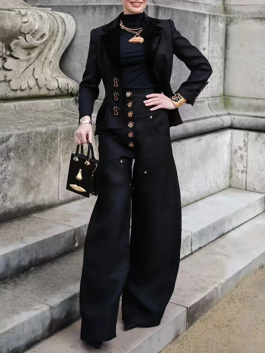 Spliced Button Two Piece Denim Set