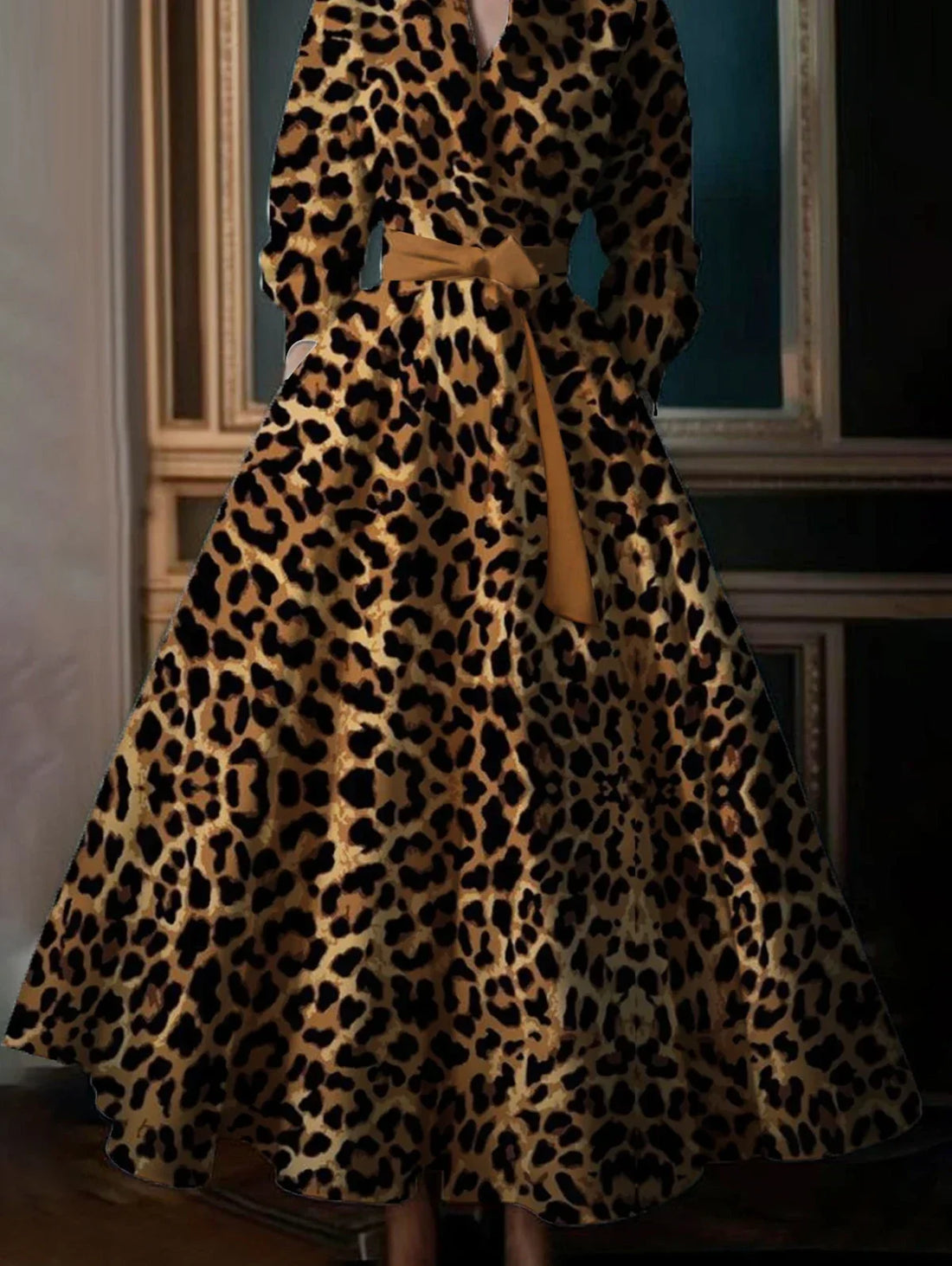 Leopard Print A-line Lapel Collar Dress