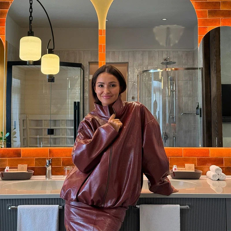 Faux Leather Jacket and Skirt Set