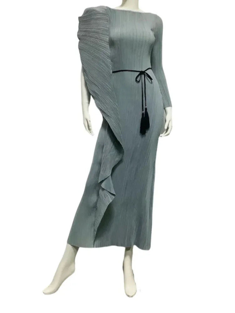 Bright Ruffled Pleated Asymmetrical Dress