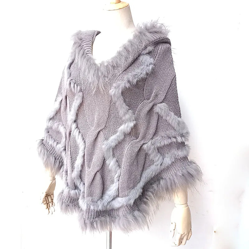 Warm Knitted Poncho With Real Raccoon Fur Stripe