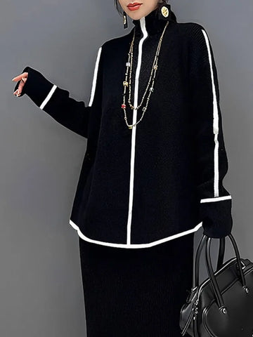 High Neck Contrast Color Striped Sweater for Women