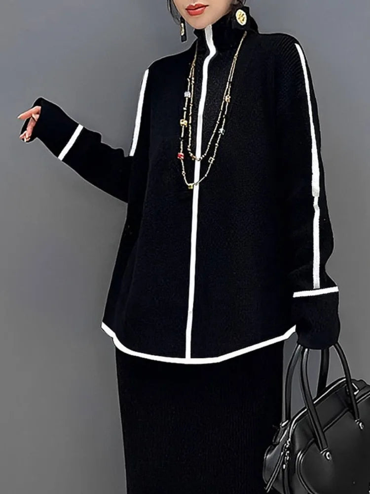 High Neck Contrast Color Striped Sweater for Women