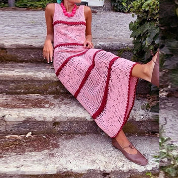 Crochet Hollow Knit Dress| Striped Sleeveless O-Neck