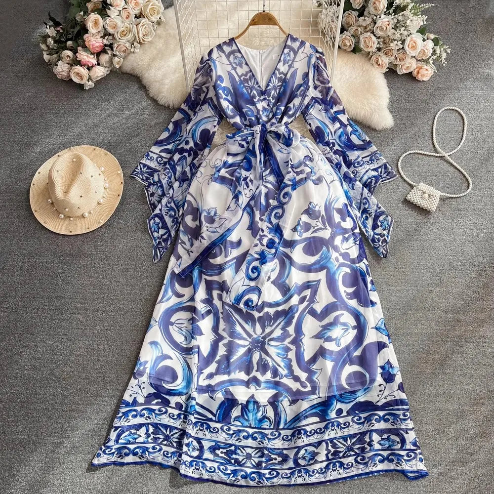 Golden White Porcelain Flower Print Maxi Dress