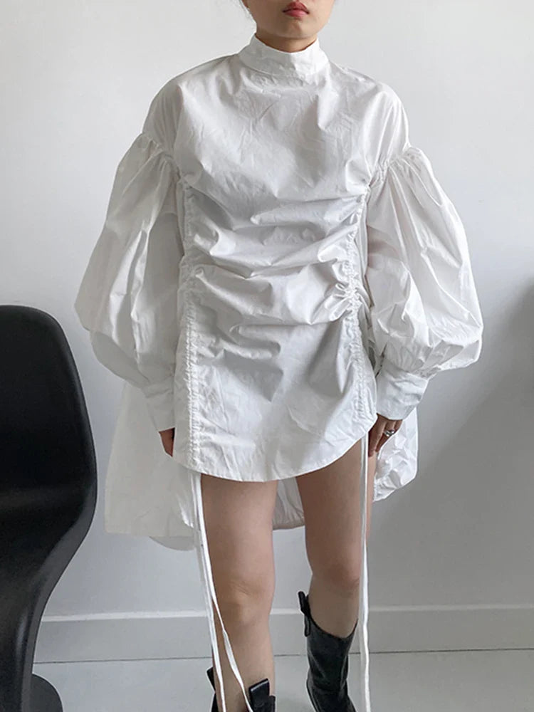 Drawstring Puffed Sleeve White Blouse