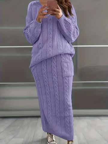 Solid Knitted Two Piece Skirt and Sweater Set for Women