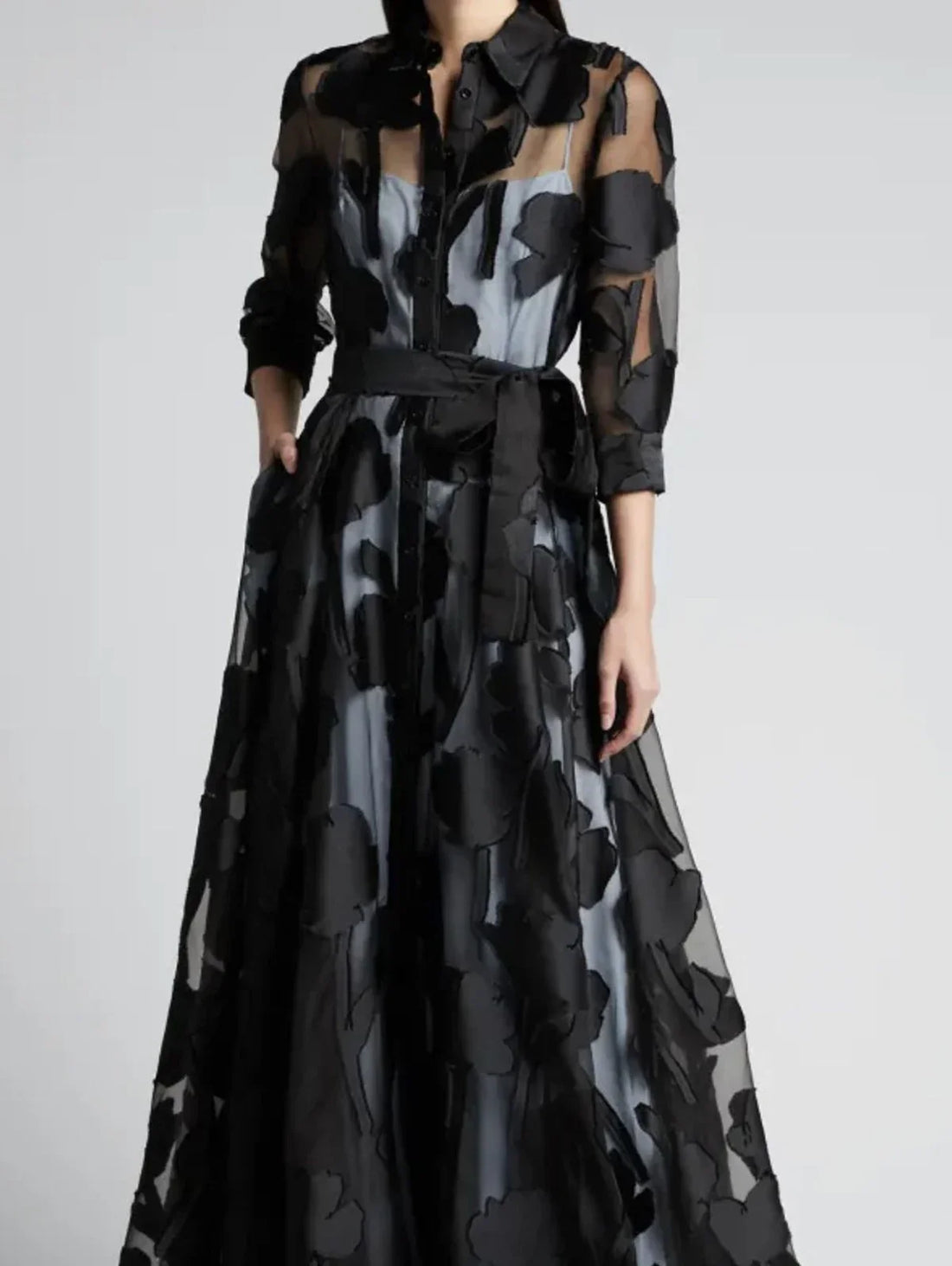 Jacquard Applique Mesh Maxi Dress