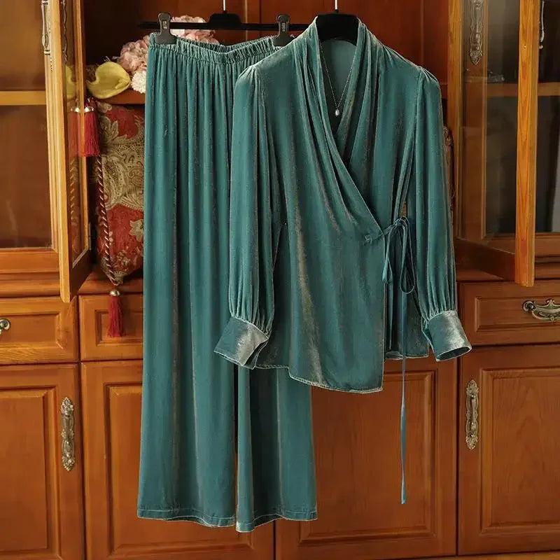 Velvet Two Piece Set - V-neck Wrap Coat with  High Waist  Wide Leg Pant