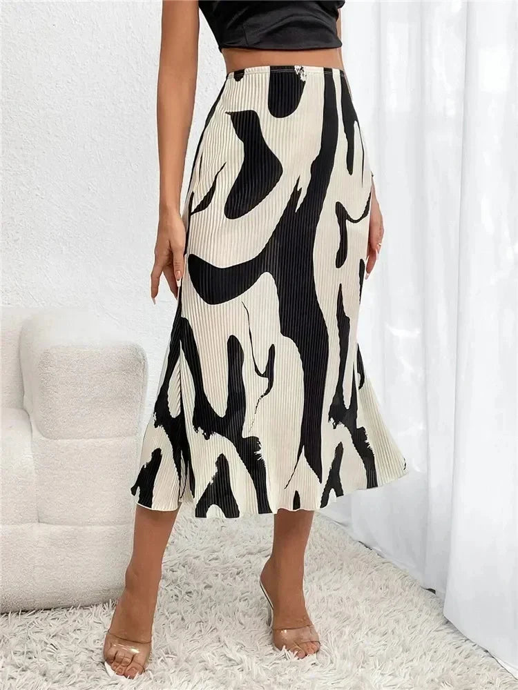 Graphic Print Pleated High Waist Maxi Skirt