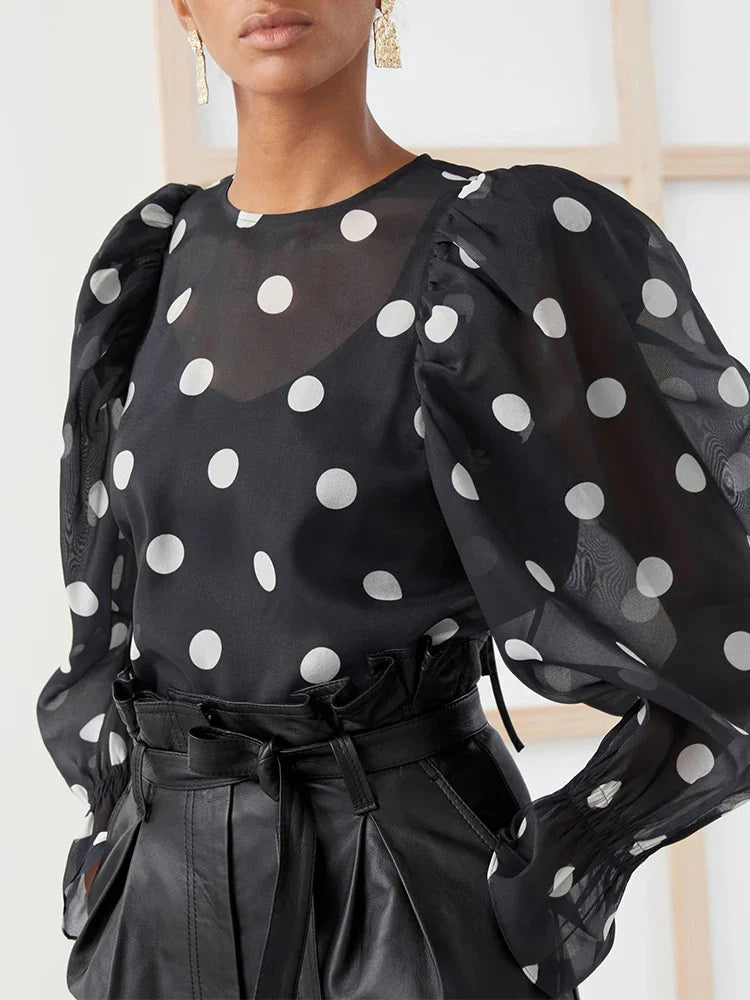 Polka Dot Chiffon Blouse | Sheer Puff Sleeve Women¡¯s Top