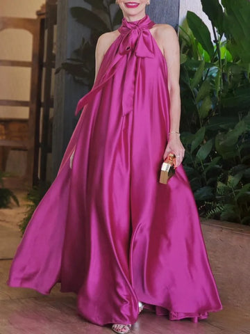 Fuchsia Halter Maxi Dress| Elegant A-Line Pleated Gown