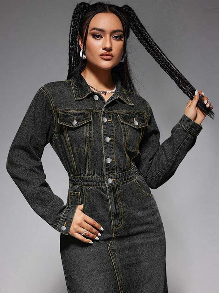 Turn-Down Collar Denim Maxi Dress