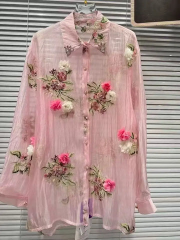 Diamonds Flowers Embroidery Long Sleeve Blouse