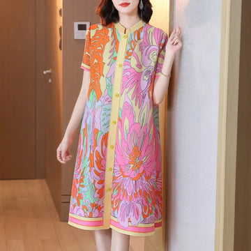 Pastel Color Abstract Short Sleeve Stretch Dress