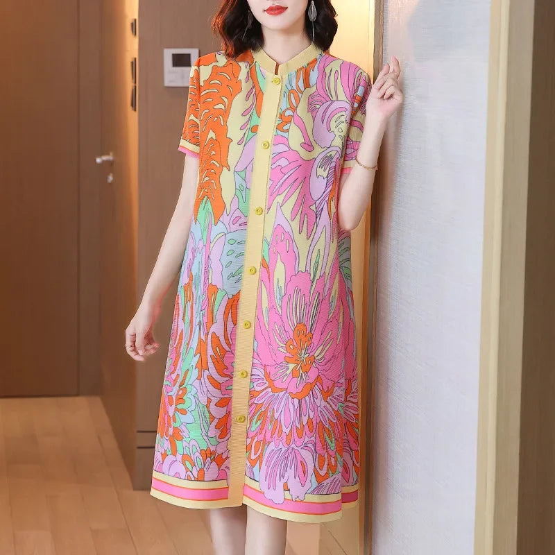 Pastel Color Abstract Short Sleeve Stretch Dress