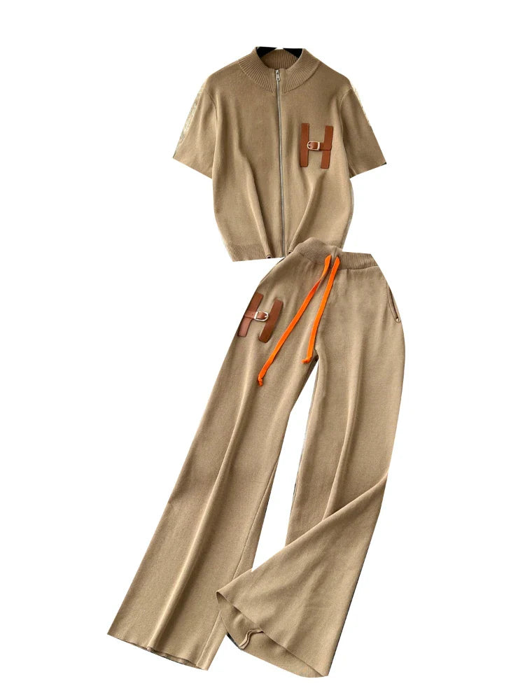 Leisure Short Sleeved Knitted Cardigan & High Waist Wide Leg Pants