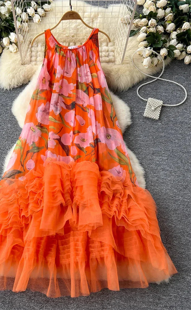 French Vintage Floral Print Dress w/Tulle Embellishment