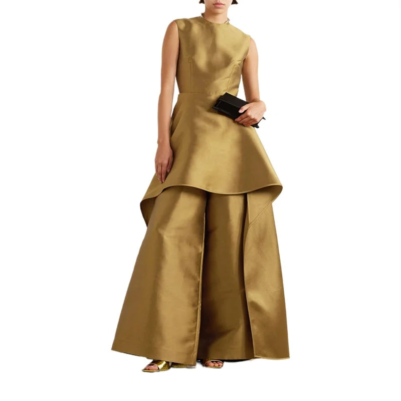 Asymmetrical Trumpet Wide Leg Pant Suit