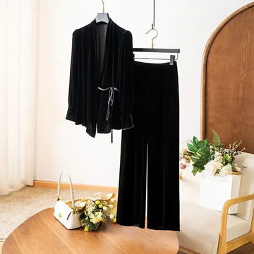 Velvet Two Piece Set - V-neck Wrap Coat with  High Waist  Wide Leg Pant