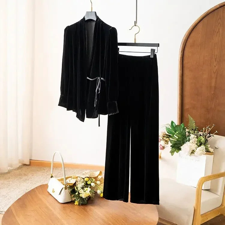 Velvet Two Piece Set - V-neck Wrap Coat with  High Waist  Wide Leg Pant