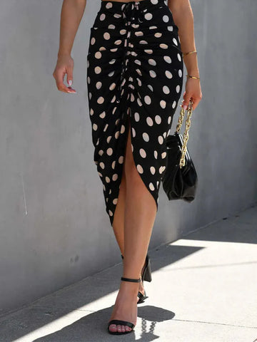 Polk Dot Drawstring Summer Charm High Waist Split Midi Skirt