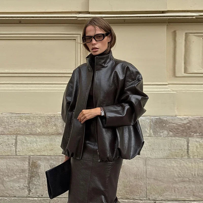 Faux Leather Jacket and Skirt Set