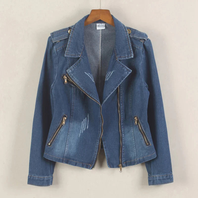 Denim Long Sleeve Convertible Notched Collar Jacket