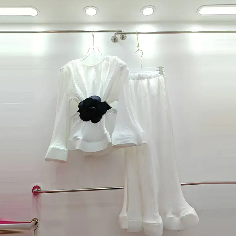 Pleated Puff Sleeve Ruffle Top & High Waist Mermaid Skirt Set