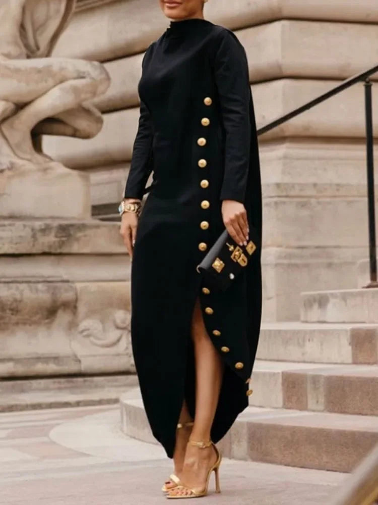 Bright Black Split Maxi Dress with Buttons