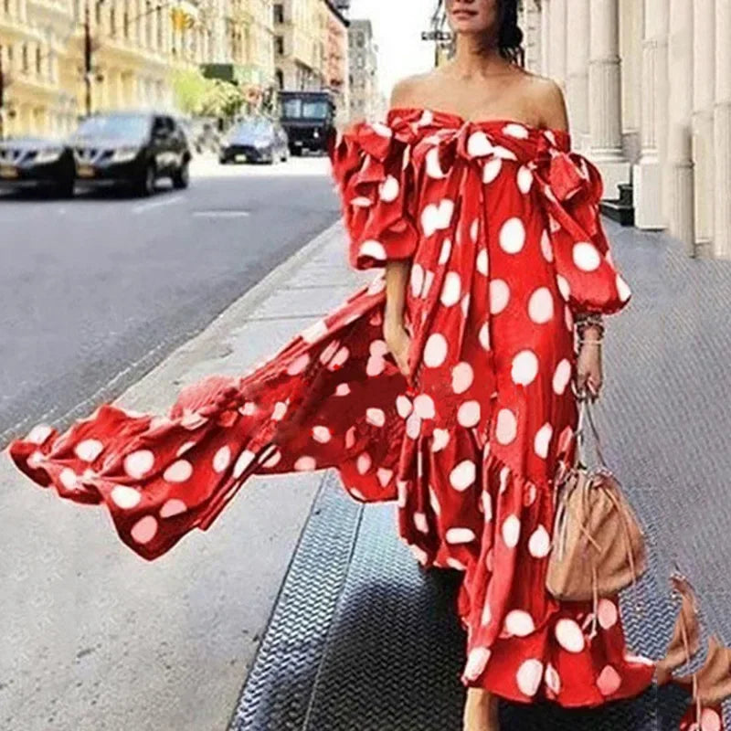 Off-Shoulder Polka Dot Maxi Dress