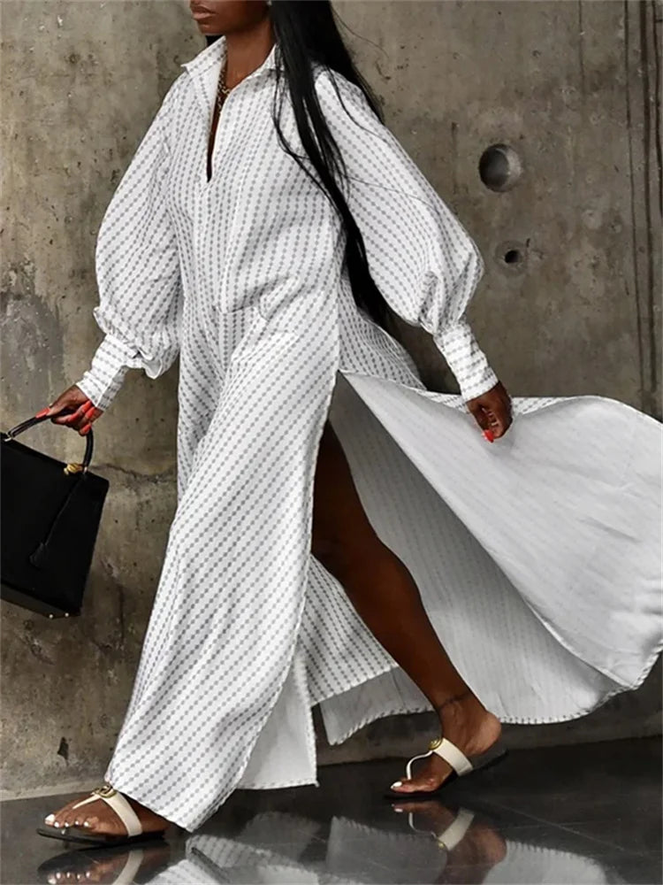Buttoned Split-Side Cotton Maxi Shirt Dress