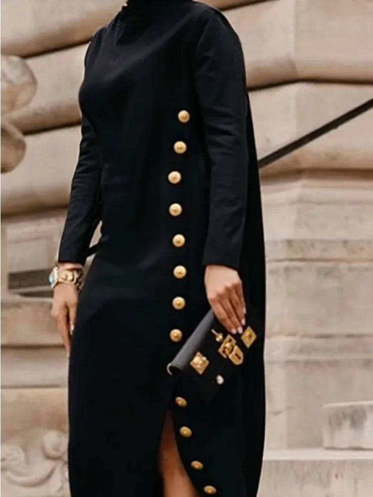 Bright Black Split Maxi Dress with Buttons