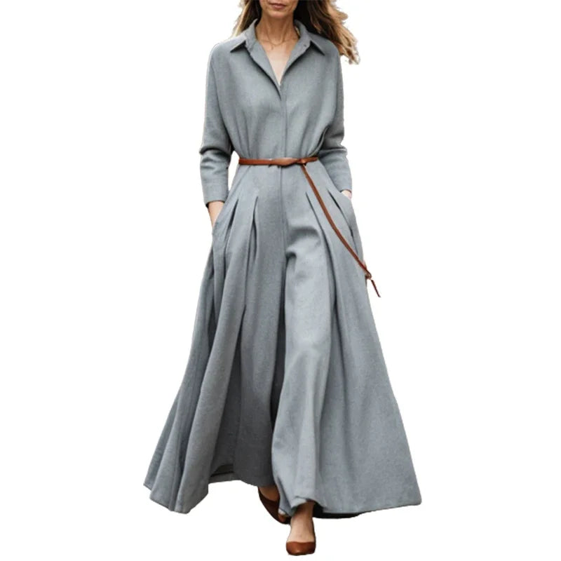 British Style Long Sleeves Pleated Lapel Wide Leg Jumpsuit