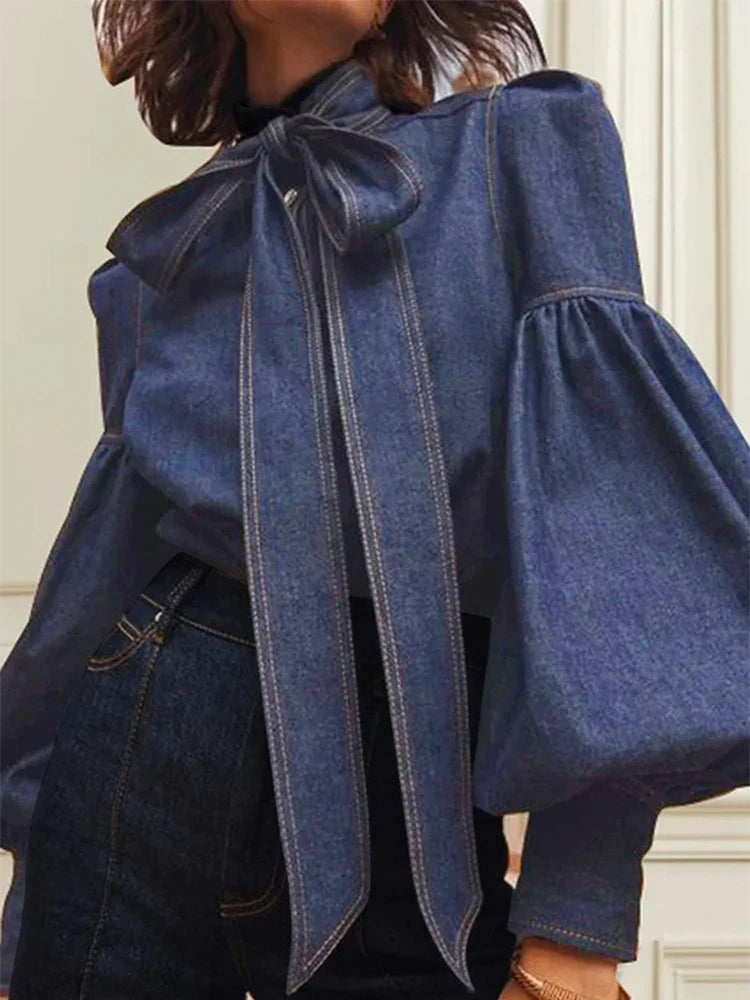 Bow-Embellished Denim Blouse Top