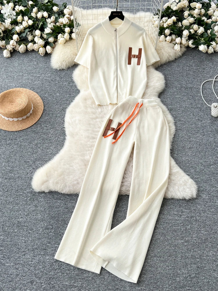 Leisure Short Sleeved Knitted Cardigan & High Waist Wide Leg Pants