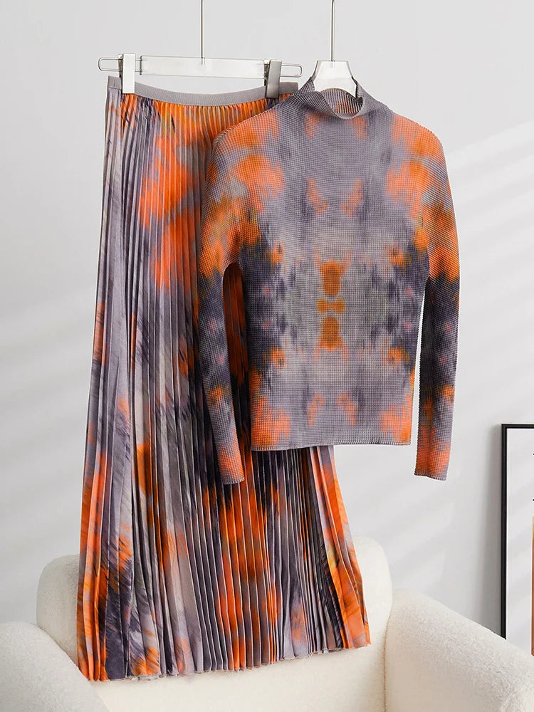 Tie Dye Pleated Two Piece Skirt Set for Women